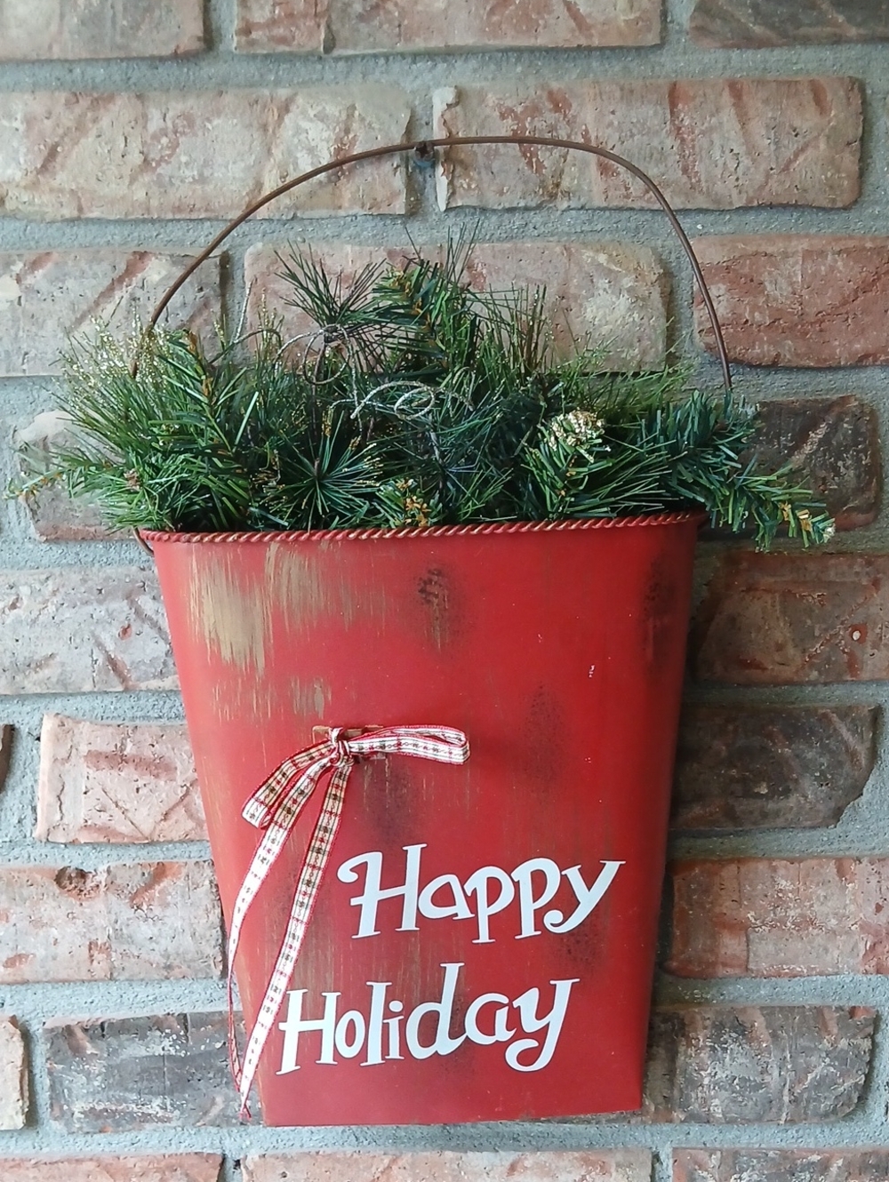 Happy Holiday Red Metal Wall Pocket Planter